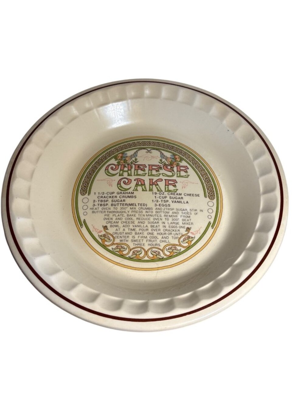 Manoir Collection Cheese Cake Recipe Pie Plate Ceramic Scalloped Red Accent 10.7